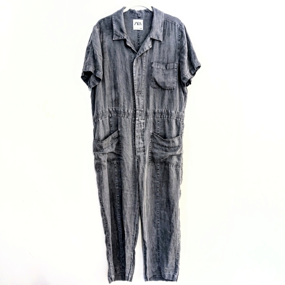 ZARA Charcoal Linen Utility Jumpsuit – Size L